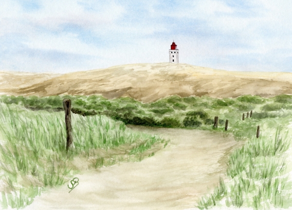 Poster DIN-A3 watercolor maritime art print North Sea Denmark Danmark lighthouse Rubjerg Knude dune Blokhus Lokken Sunset